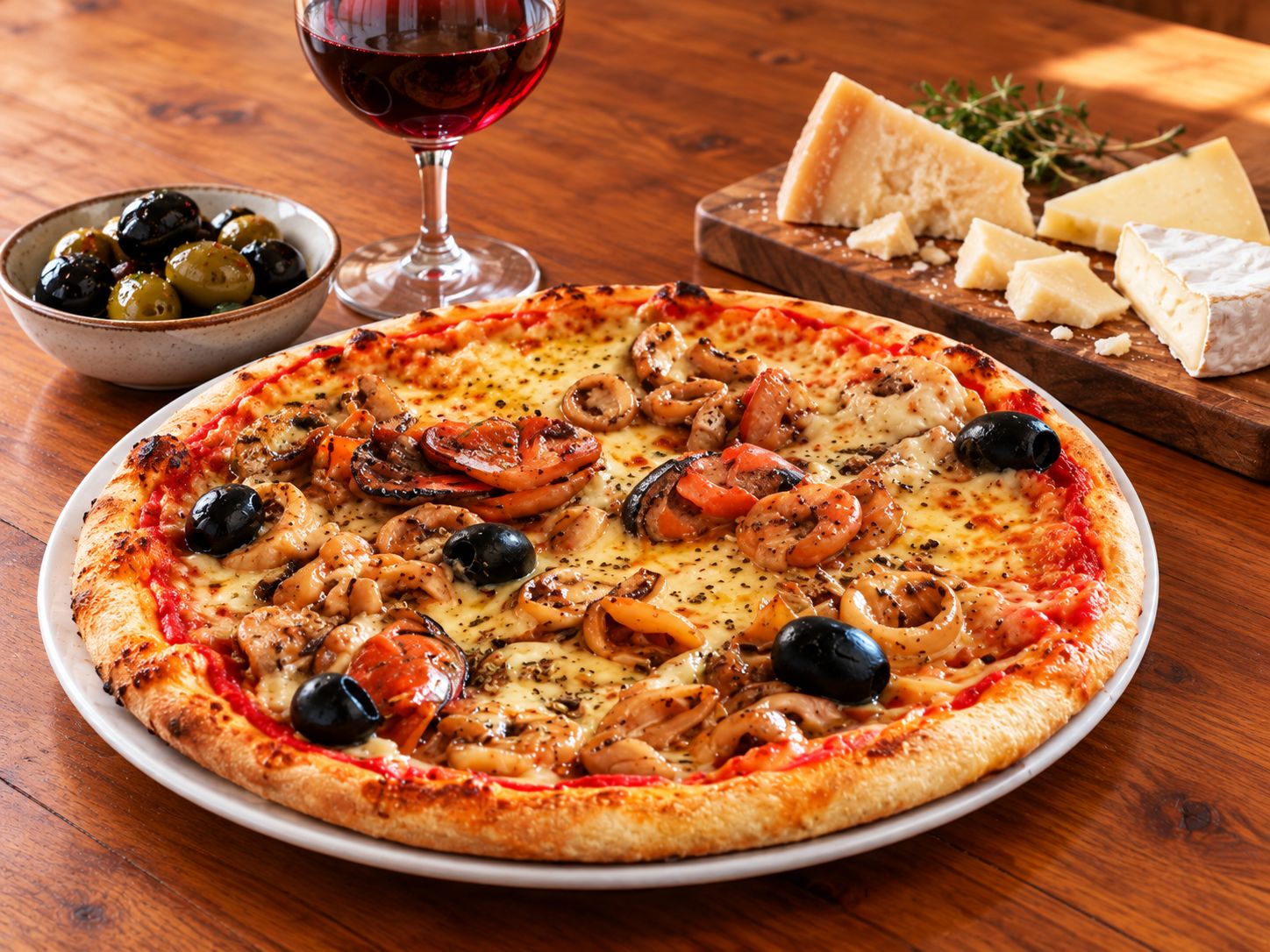 A wood-fired pizza with a glass of red wine, olives and a cheese board