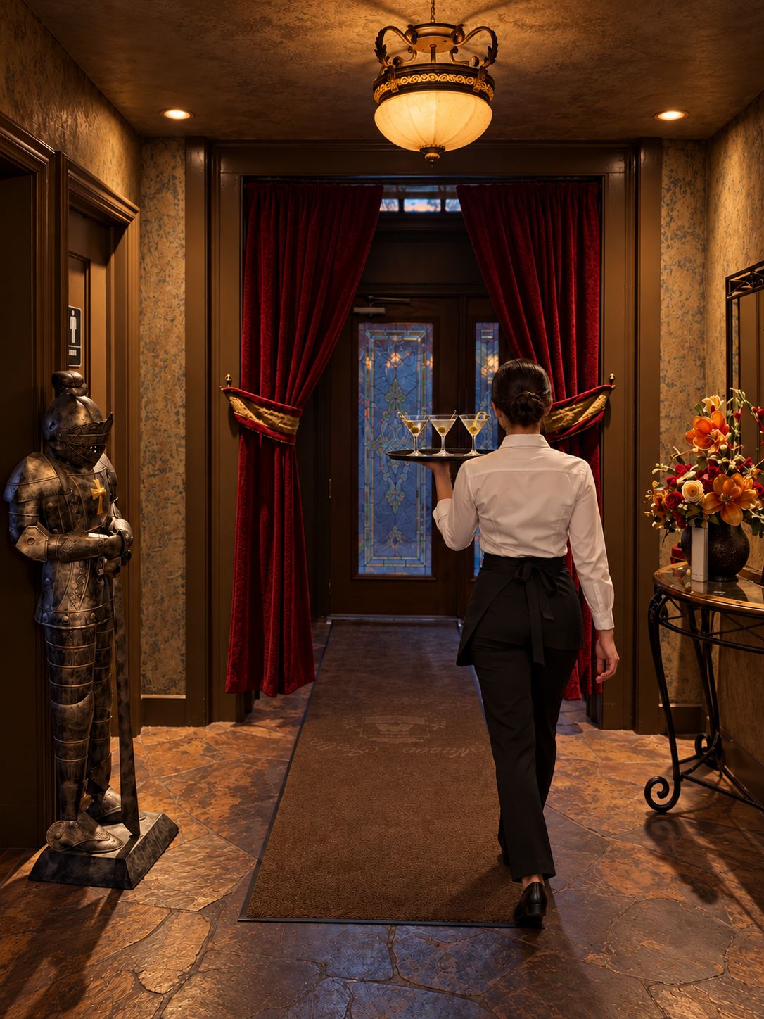 A server carrying a tray of martinis through red velvet curtains downstairs